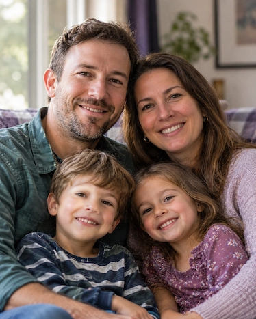 A relaxed family at home after finding an affordable faith-aligned health share plan